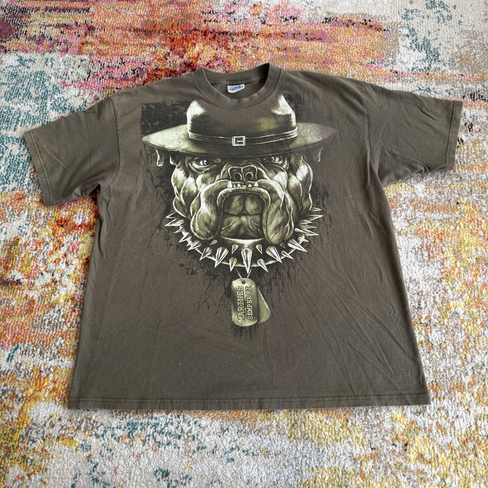 Vintage Y2K USMC Devil Dog T-Shirt Mens 2XL Olive Green US Marine Corps